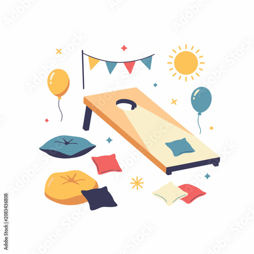 Flat vector illustration of cornhole game board with party decorations and colorful bean bags set on a clean white background for festive summer events