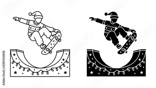 Cuadro en lienzo Christmas Snowboarding Celebration: A snowboarder wearing a Santa hat and festive sweater performs a trick over a ramp decorated with holiday lights