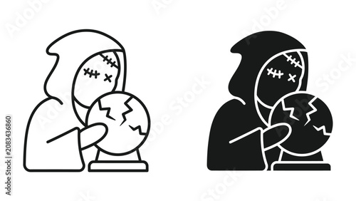 Obraz na plátně Mysterious Seer with Crystal Ball: An enigmatic figure, draped in a hooded robe and adorned with stitched markings, gazes intently into a fractured crystal ball