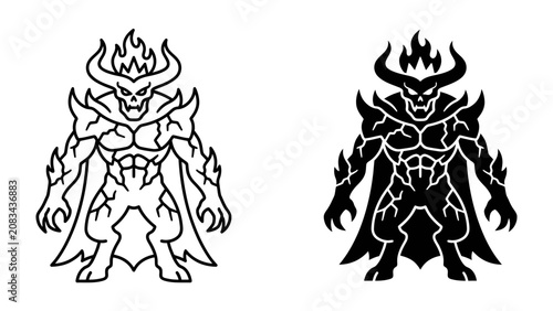 Billede på lærred Demon Emblem Duo: A striking pair of demon designs, one in outline and the other in solid black, showcasing a powerful, horned mythical creature with fiery accents and armored physique