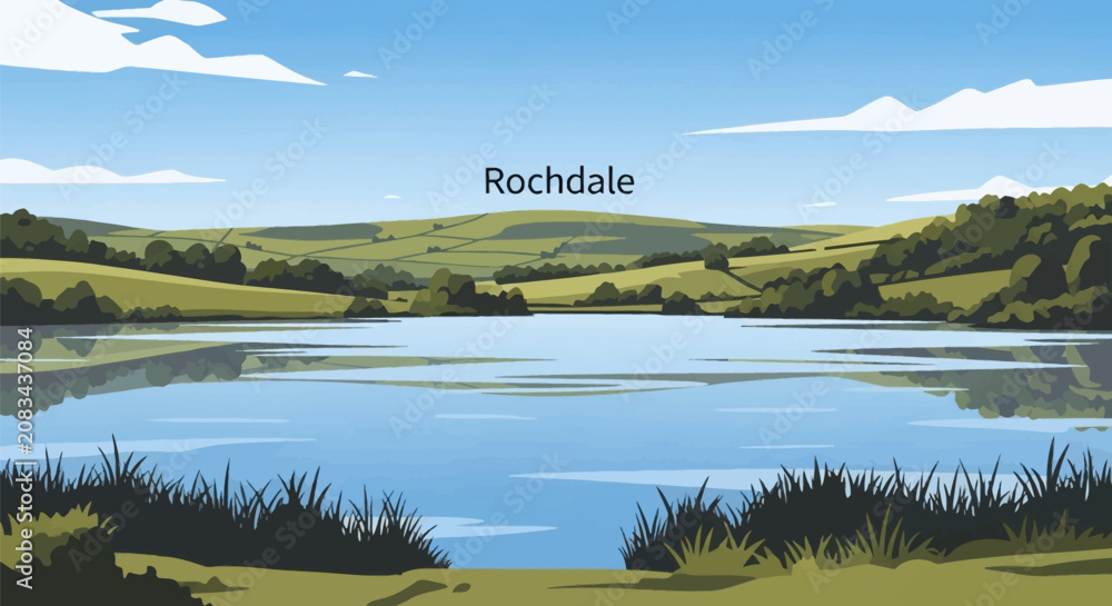 Fototapeta premium Vector illustration of a calm lake in Rochdale, Greater Manchester, featuring rolling green hills, a clear blue sky with white clouds, and reflections on the water surface with grass.