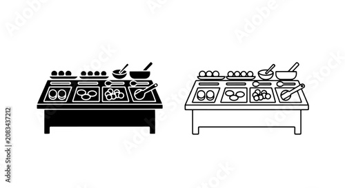 Bild auf Leinwand Buffet salad bar service food station icon set with catering