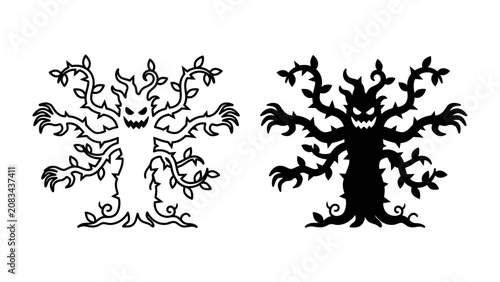 Tableau sur toile Creepy Tree Monster Illustration: A stylized illustration of a gnarled tree transformed into a monstrous entity, with thorny branches, a sinister face, and sharp claws