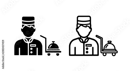 Photos Bellhop character with silver food dome cart icons, catering