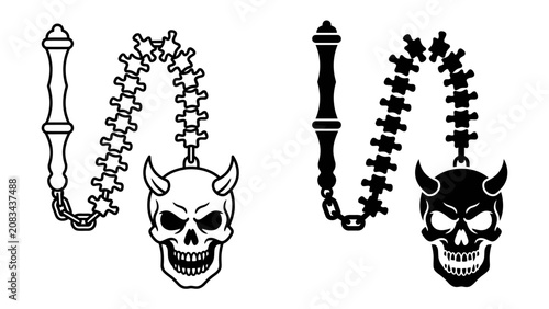 Fotografie Skull and Chains with Devil Horns: Two graphic representations, one in black and white and the other in solid black, depict a menacing skull with devil horns attached to a spiked chain