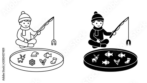 Obraz na płótnie Christmas Fishing Game for Kids: A whimsical illustration depicts a child engrossed in a Christmas-themed fishing game, attempting to catch magnetic holiday symbols from a circular pond