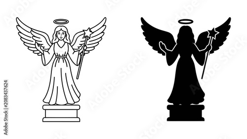 Fotografía Angel Statues in Line Art and Silhouette: Two stylized representations of an angel, one in line art and the other in solid silhouette, stand on pedestals, wings spread