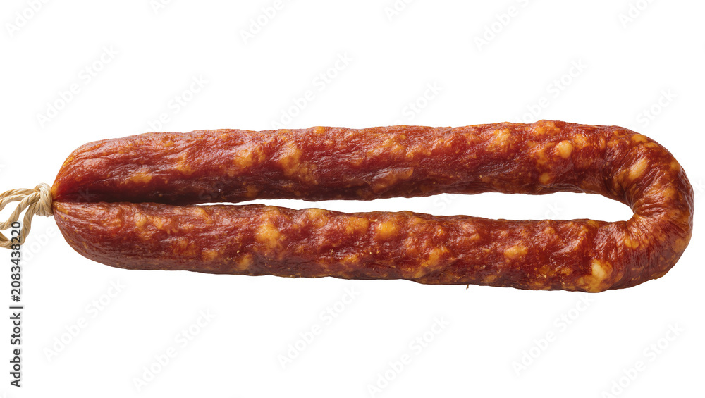 Fototapeta premium Smoked dry sausage link tied with twine