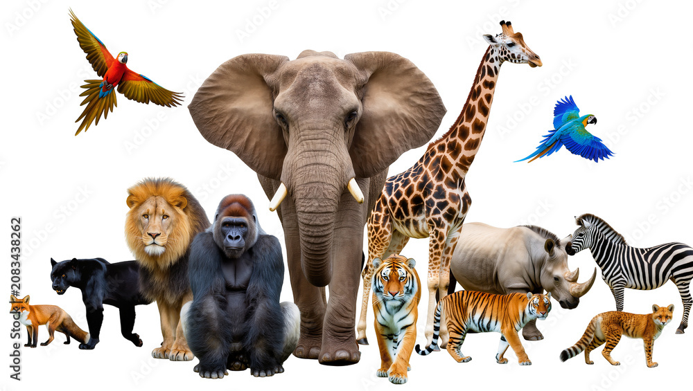 Fototapeta premium Collection of African and jungle animals elephant lion gorilla giraffe rhino zebra tigers fox panther, parrots