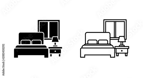Foto Bedroom with nightstand and window icon set nightstand interior