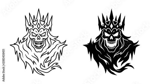 Fotografie Skeleton King Illustration: A menacing skeletal king, adorned with a crown and regal fur, is depicted in both an outline and a solid black version, representing power and authority with a dark
