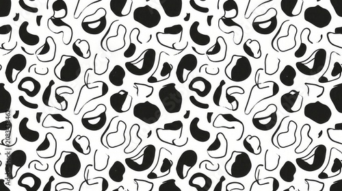 Seamless pattern with irregular black blobs and outlines on a clean white background