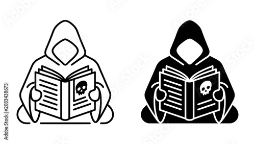 Foto Grim Reaper Reading Necronomicon: A hooded figure, reminiscent of the Grim Reaper, sits engrossed in a book filled with arcane symbols and skull illustrations