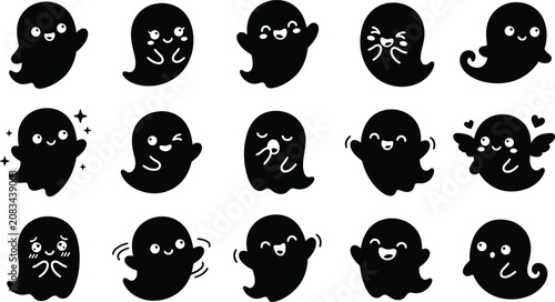 Halloween silhouette ghost icons in black set with silhouette halloween character background