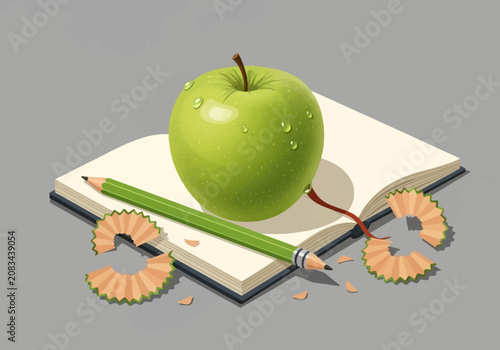 3D isometric vector illustration of a fresh green apple with dew droplets resting on an open blank notebook, accompanied by a green wooden pencil and sharpener shavings on gray.