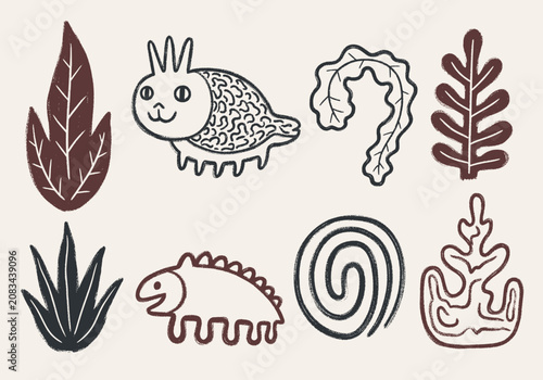 Φωτογραφία Primitive hand-drawn doodle elements featuring two fantasy animals, five plant s