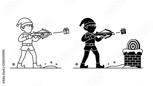 Cuadro en lienzo Christmas Elf Shooting Gift: A whimsical illustration depicts a cheerful Christmas elf, dressed in festive attire, aiming a crossbow to shoot a gift towards a chimney target