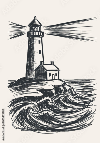 Lighthouse with light beams on a rocky island featuring a small house by rough sea waves, hand-drawn sketch style
