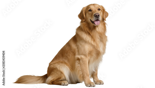Photos Golden Retriever dog sitting attentively with tongue out