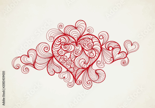 Intricate red line art heart illustration featuring complex swirl, scroll, and filigree patterns on a light off-white textured background, decorative hand-drawn romantic element.