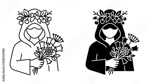 Billede på lærred Mystical Offering: A stylized depiction of a cloaked figure adorned with a floral crown and holding a bouquet of wildflowers, representing ancient rituals and nature worship
