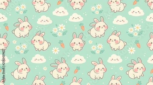 Cute grumpy rabbits and smiling clouds create a fun seamless pattern on a light green background