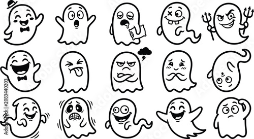 Halloween ghost characters set showing various funny and scary emotions with halloween, character