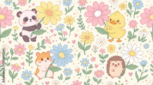 Cute grumpy panda, duck, hamster, hedgehog hold flowers in joyful floral pattern