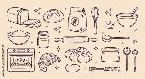 Cuadro en lienzo Bakery Items And Utensils Hand drawn Vector Illustration On Beige Background
