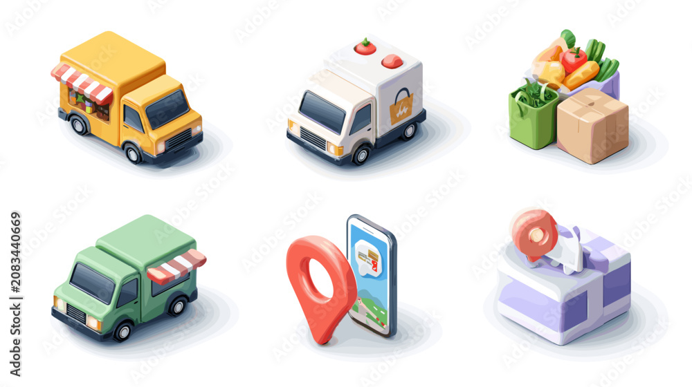 Obraz premium Isometric Pixel Art Food Trucks Delivery Boxes Phone Map Icons Isolated On White