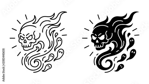Fotografie Ethereal Skull and Spirits: A stylized skull, engulfed in fiery wisps, is accompanied by a cluster of small, spectral figures