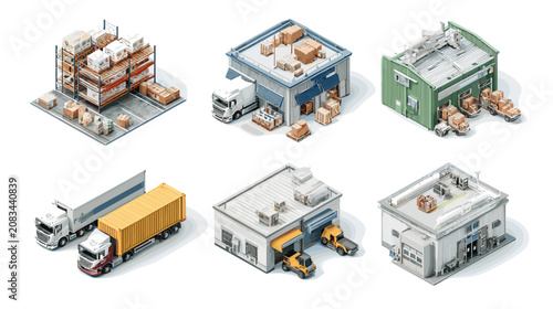 Bild auf Leinwand Isometric Pixel Art Warehouses and Trucks with Cargo for Logistics and Delivery