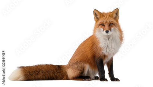 Obraz na plátně Red fox sitting with bushy tail and white chest fur