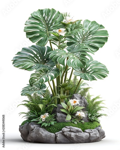 Green monstera plant on stone base high resolution picture