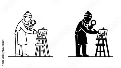 Canvastavla Artist at Work: A figure dressed in winter attire, including a hat and scarf, is depicted engrossed in their artistic creation on an easel, holding a magnifying glass and drawing tool