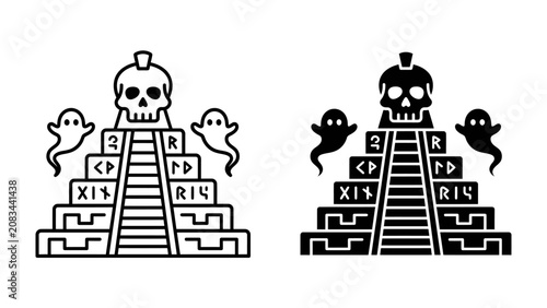Photos Mysterious Mayan Pyramid with Skull and Ghosts: A stylized illustration depicts a Mayan pyramid with a skull at the apex, flanked by two playful ghosts