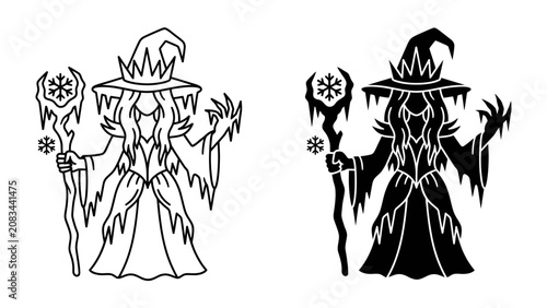 Photos Ice Witch Icon: A stylized illustration of an ice witch, depicted in both outline and silhouette, holding a staff topped with a snowflake, embodying magical power and winter essence