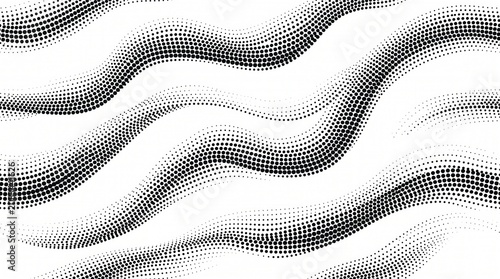 Black halftone dots form dynamic wavy lines with varying density on a pure white surface