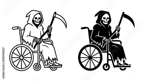 Cuadro en lienzo Grim Reaper in Wheelchair: An illustrative depiction of the Grim Reaper, holding a scythe and seated in a wheelchair, symbolizing mortality, fate, and the inevitability of death