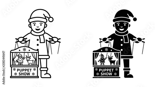 Tableau sur toile Puppeteer with Puppet Theater: A cheerful puppeteer, dressed in festive winter attire and a Santa hat, expertly manipulates puppets in a small, colorful puppet theater, promising a delightful show