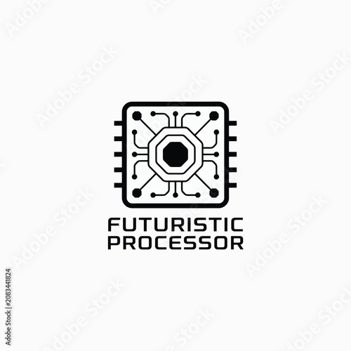 Futuristic processor icon with circuit lines and hexagonal center a black and white vector graphic circuitry chip computer digital