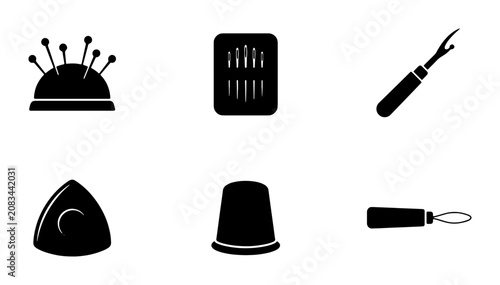Foto Sewing Tools Icons Set: Pincushion, Needles, Seam Ripper, Chalk, Thimble, Thread