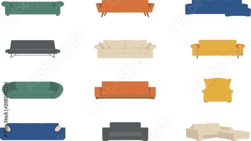 Foto Living Room Sofa and Couch Vector Icon Set featuring Chesterfield, Mid-Century M