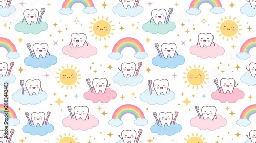Smiling teeth on pastel clouds hold toothbrushes, with suns and rainbows