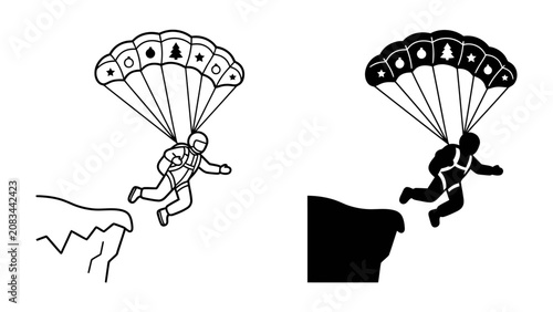 Cuadro en lienzo Skydiving Adventure Icon: Two icons depicting a skydiver in mid-air, descending from a cliff edge with an open parachute, symbolizing extreme sports and adventure