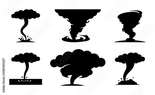 Fotografie Tornado Silhouette Icons, Twister Weather Symbols, Cyclone Vector Graphics, Natu