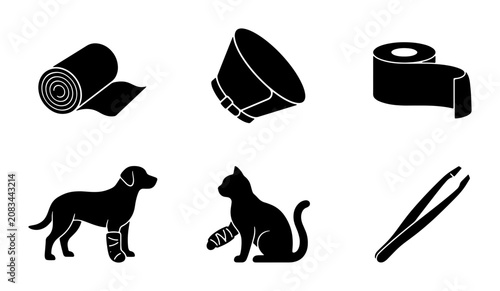 Photos Veterinary Care Icons: Pet Bandage, Elizabethan Collar, Medical Tape, Tweezers,