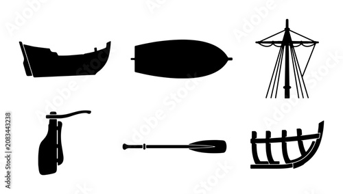 Foto Nautical Silhouettes: Vintage Ship Parts, Rowboat, Mast, Oar, and Hull Elements