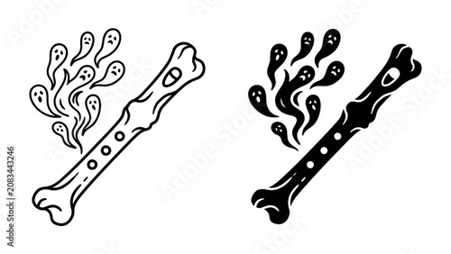 Schilderij op canvas Spooky Bone Flute with Ghosts: A whimsical illustration depicts a flute made from a bone, emitting ethereal ghosts from its mouthpiece