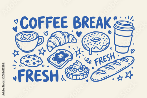 Hand drawn doodle set of coffee break items with cup croissant donut cookie bread and fresh text in blue colors Vector, illustration